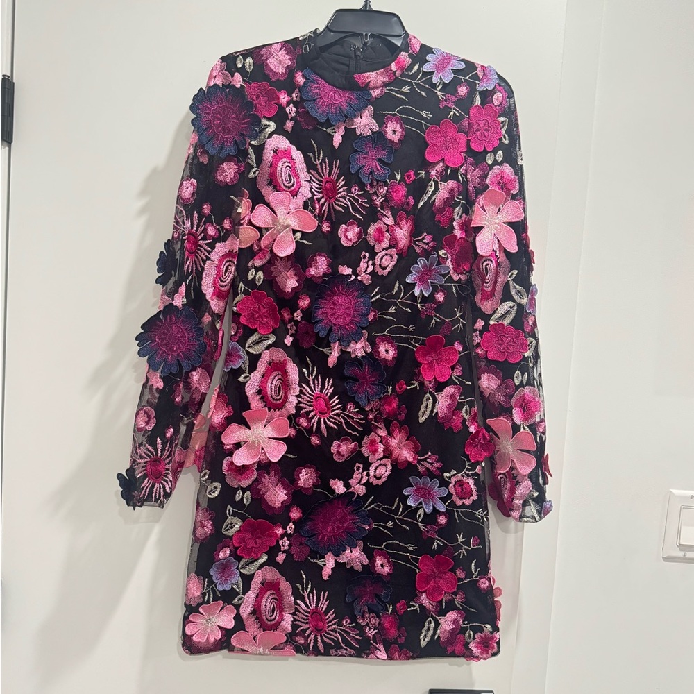 Monique Lhuillier Pink and Black Floral Long Sleeve Dress - Picture 4 of 7
